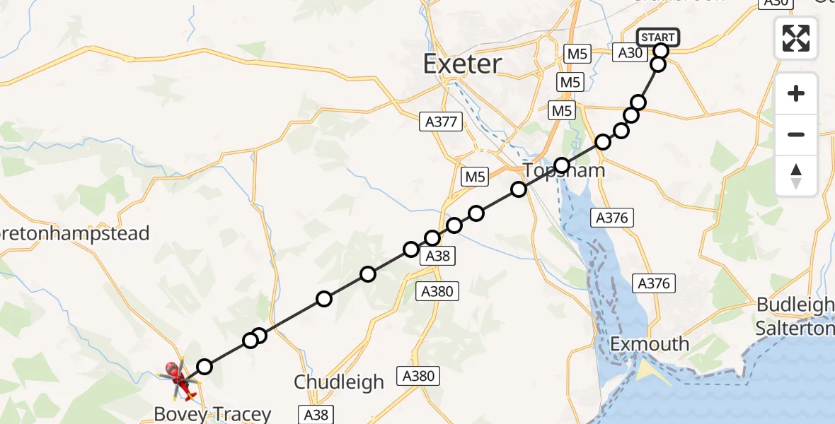 Flight route Air Ambulance Helicopter Exeter International Airport - Bovey Tracey, 14 June 2026, 18:41