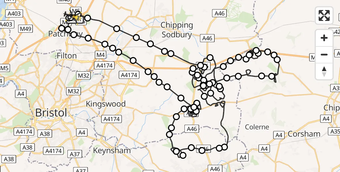 Flight route Police Helicopter Almondsbury Helicopter Base - Almondsbury Helicopter Base, 14 June 2026, 18:43