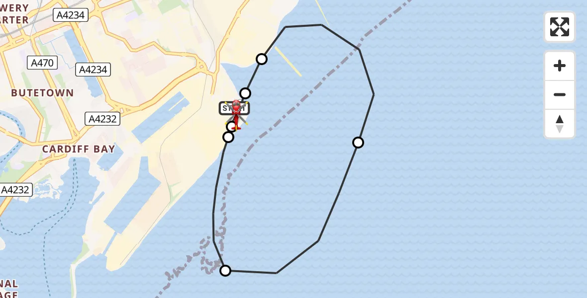 Flight route Air Ambulance Helicopter Cardiff Heliport - Cardiff Heliport, 14 June 2026, 18:45