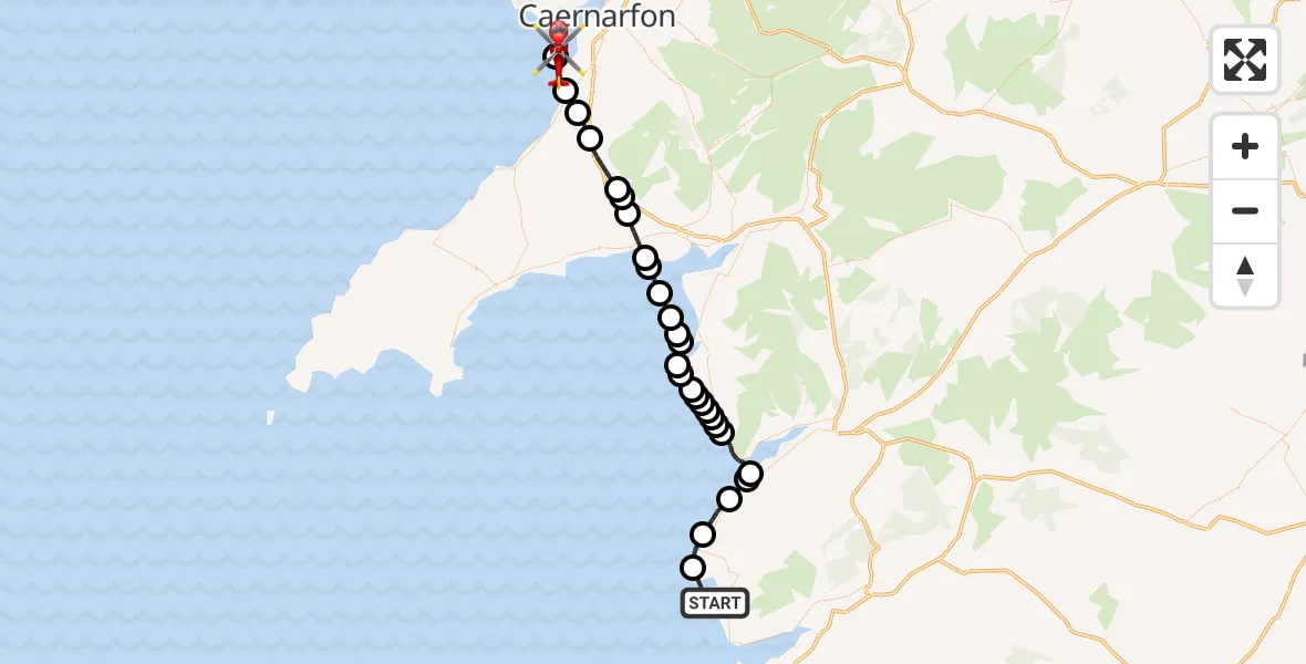 Flight route Air Ambulance Helicopter Tywyn - Caernarfon Airport, 14 June 2026, 18:51