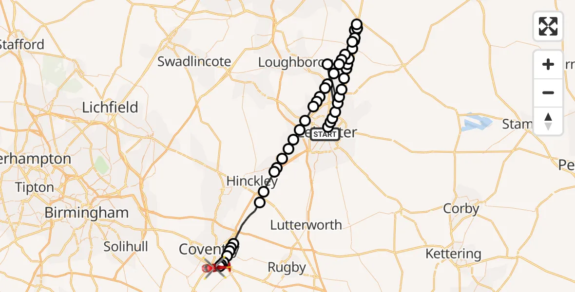 Flight route Air Ambulance Helicopter Black Friars - Coventry Airport, 14 June 2026, 18:54
