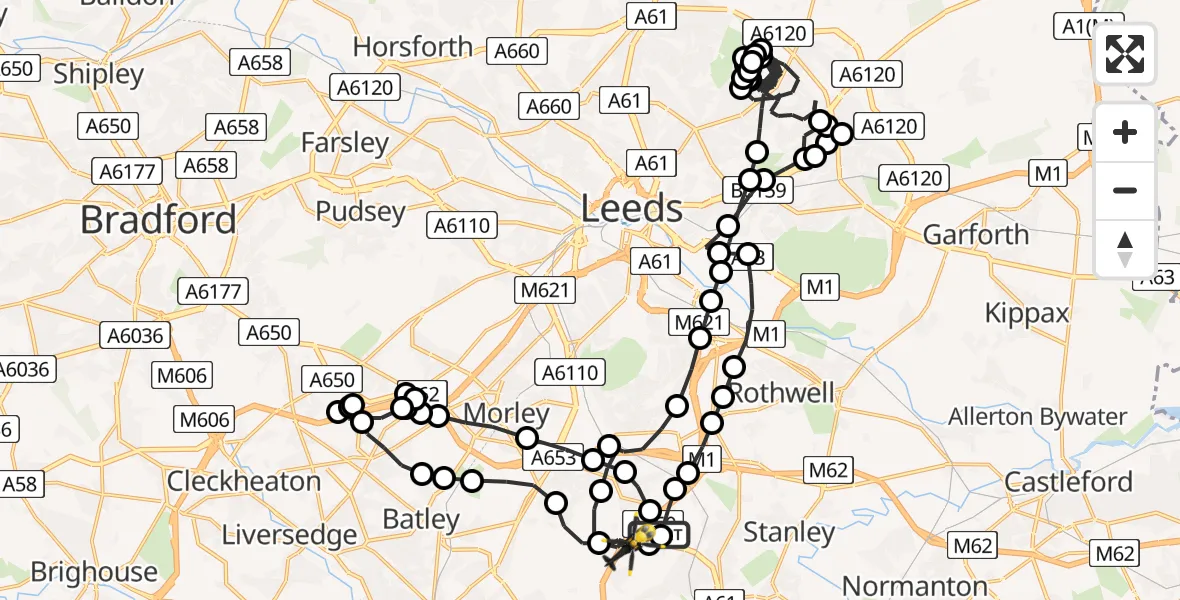 Flight route Police Helicopter Carr Gate - East Ardsley, 14 June 2026, 18:57