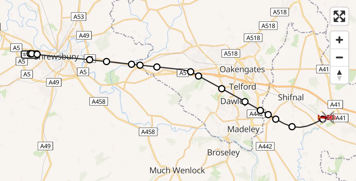Flight route Air Ambulance Helicopter Shrewsbury Royal Hospital - Cosford, 14 June 2026, 18:58