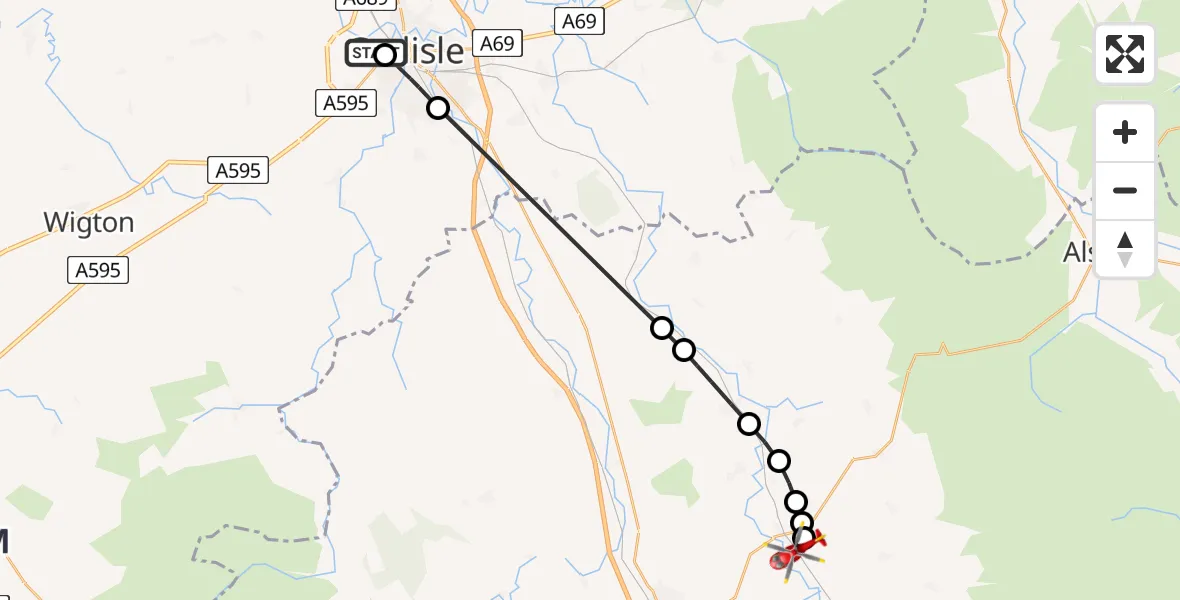 Flight route Air Ambulance Helicopter Carlisle General - Skirwith, 14 June 2026, 19:00