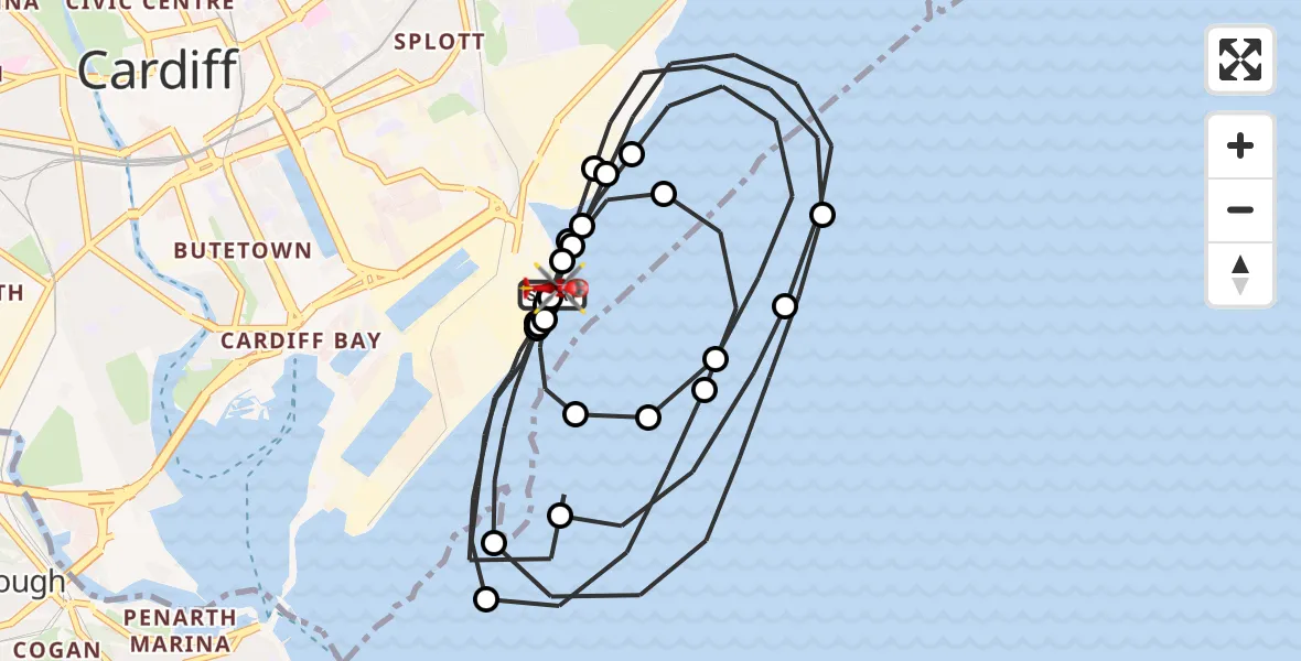Flight route Air Ambulance Helicopter Cardiff Heliport - Cardiff Heliport, 14 June 2026, 19:01
