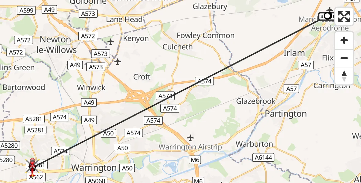 Flight route Air Ambulance Helicopter Manchester Barton Aerodrome - Great Sankey, 14 June 2026, 19:03