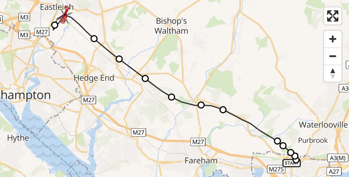 Flight route Air Ambulance Helicopter Queen Alexandra Hospital - Eastleigh, 14 June 2026, 19:05