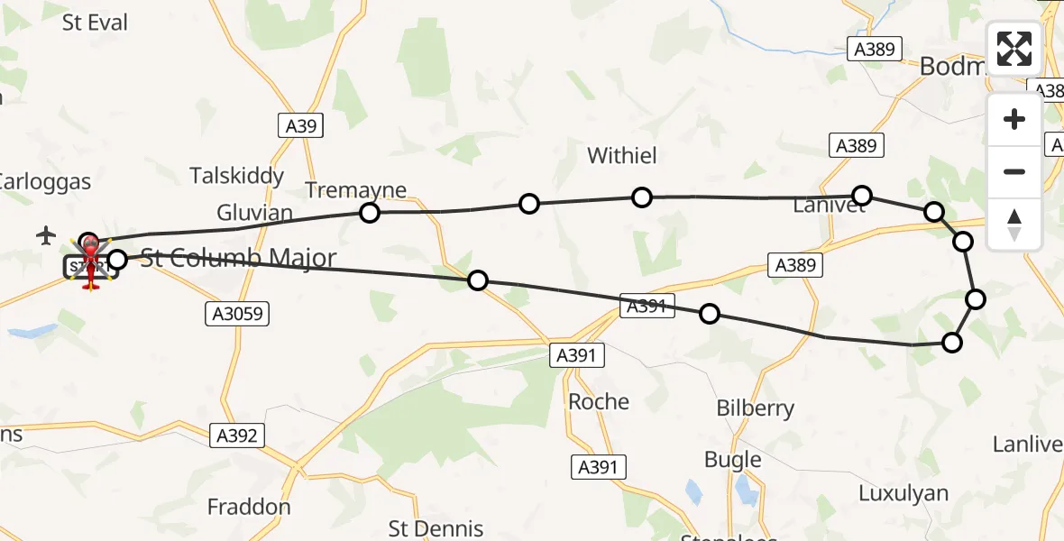 Flight route Air Ambulance Helicopter Cornwall Airport Newquay - Cornwall Airport Newquay, 14 June 2026, 19:12