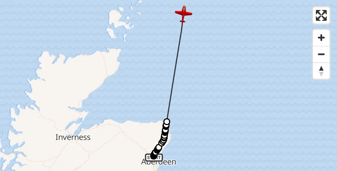 Flight route Air Ambulance Aircraft Aberdeen International Airport - North Sea, 14 June 2026, 19:18