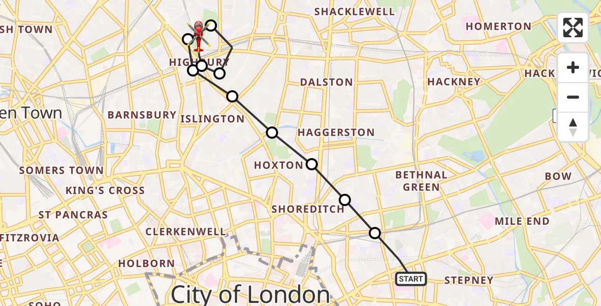 Flight route Air Ambulance Helicopter Royal London Hospital - Holloway, 14 June 2026, 19:32