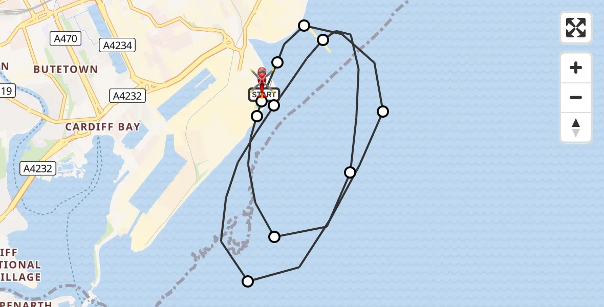 Flight route Air Ambulance Helicopter Cardiff Heliport - Cardiff Heliport, 14 June 2026, 19:35