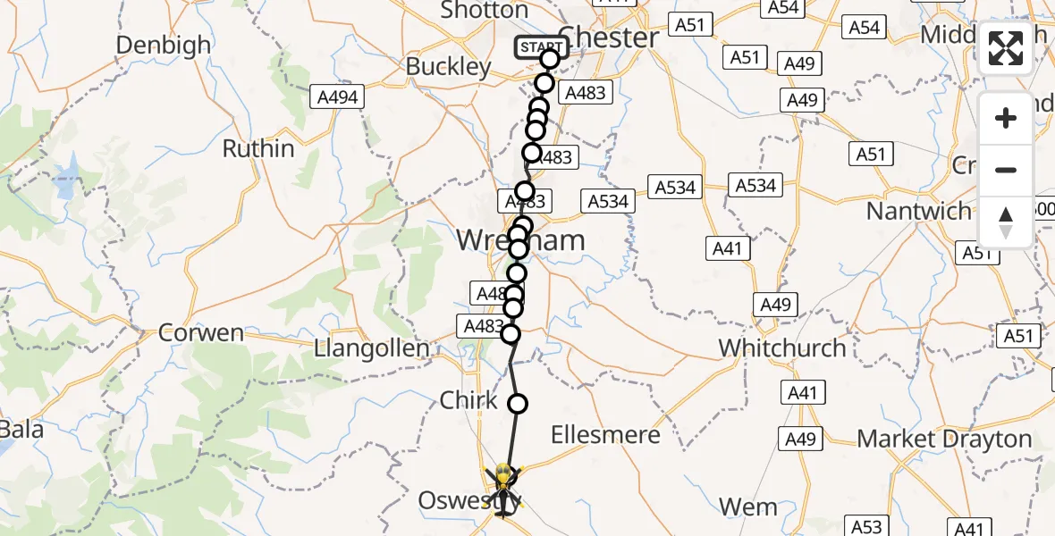 Flight route Police Helicopter Hawarden Airport - Park Hall, 14 June 2026, 19:48