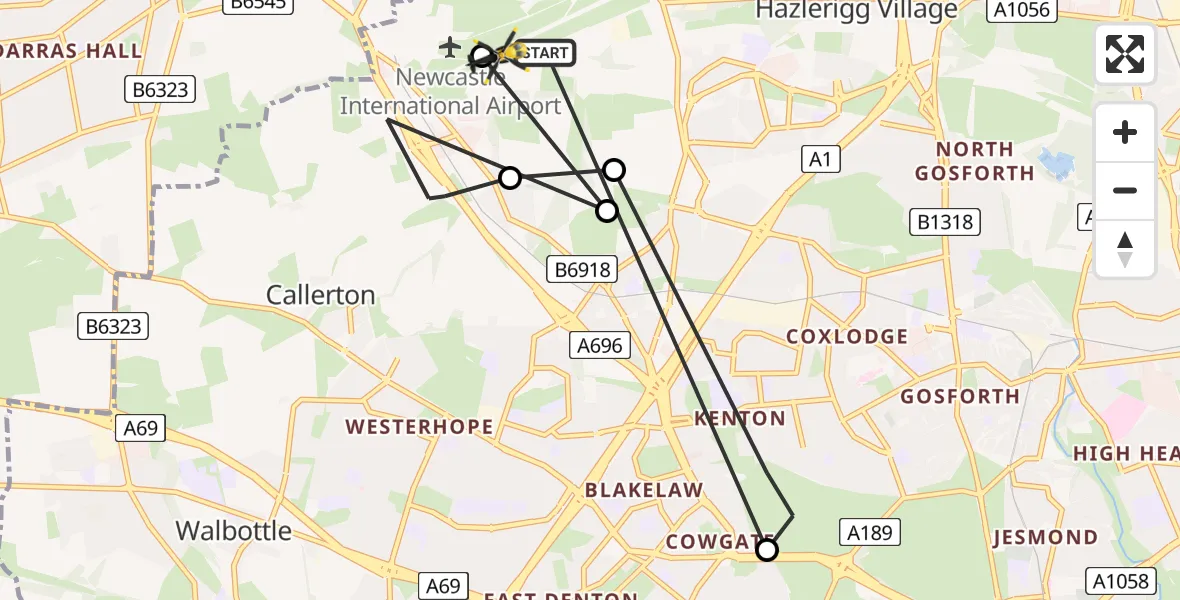 Flight route Police Helicopter Newcastle International Airport - Newcastle International Airport, 14 June 2026, 19:49