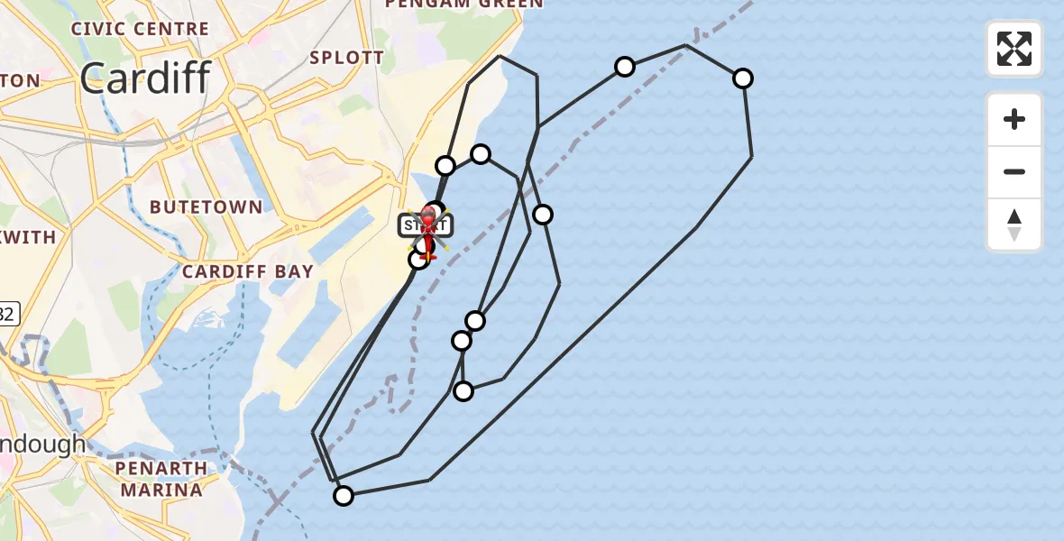 Flight route Air Ambulance Helicopter Cardiff Heliport - Cardiff Heliport, 14 June 2026, 19:49