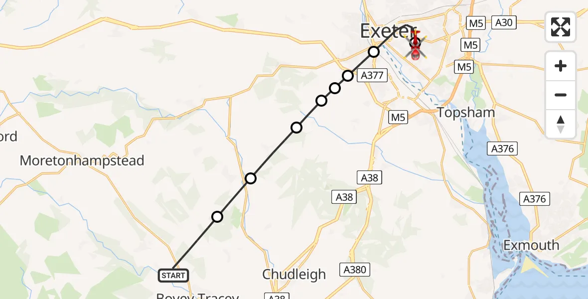 Flight route Air Ambulance Helicopter Bovey Tracey - Royal Devon & Exeter Hospital, 14 June 2026, 19:54