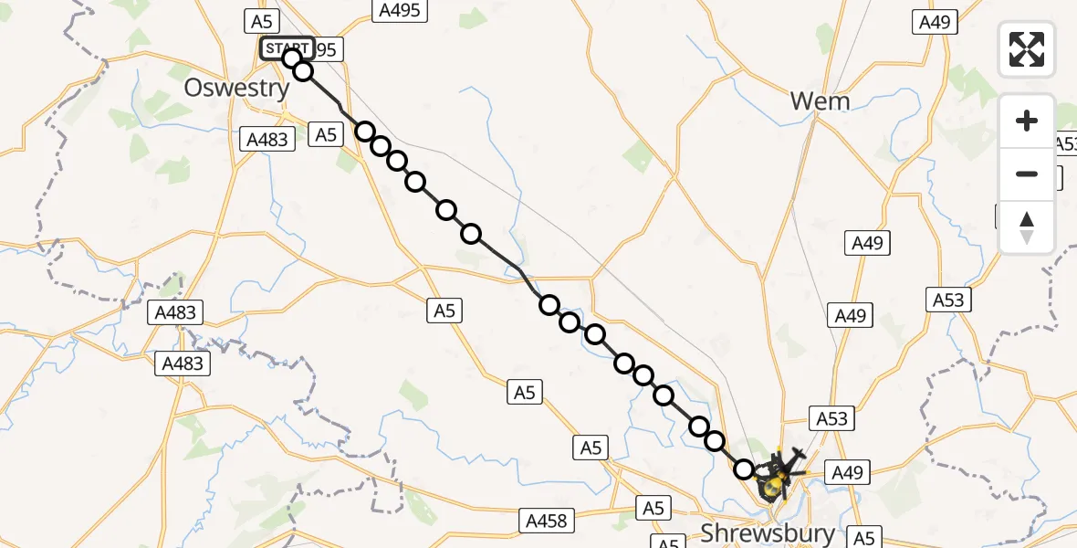 Flight route Police Helicopter Park Hall - Shrewsbury, 14 June 2026, 20:00