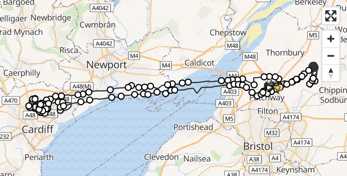 Flight route Police Helicopter Almondsbury Helicopter Base - Almondsbury Helicopter Base, 14 June 2026, 20:13