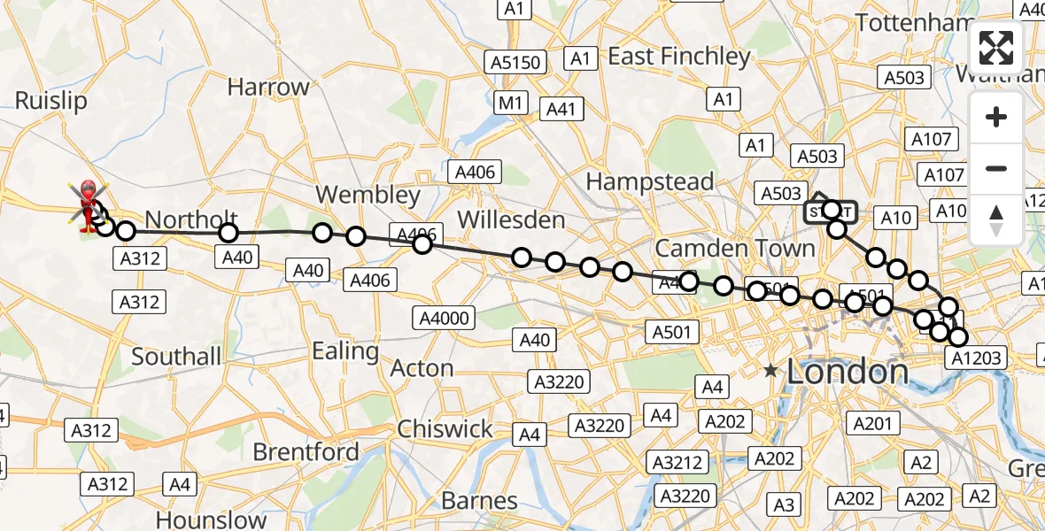 Flight route Air Ambulance Helicopter Highbury - RAF Northolt, 14 June 2026, 20:16