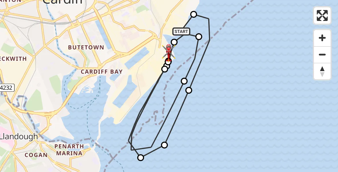 Flight route Air Ambulance Helicopter Tremorfa - Cardiff Heliport, 14 June 2026, 20:18