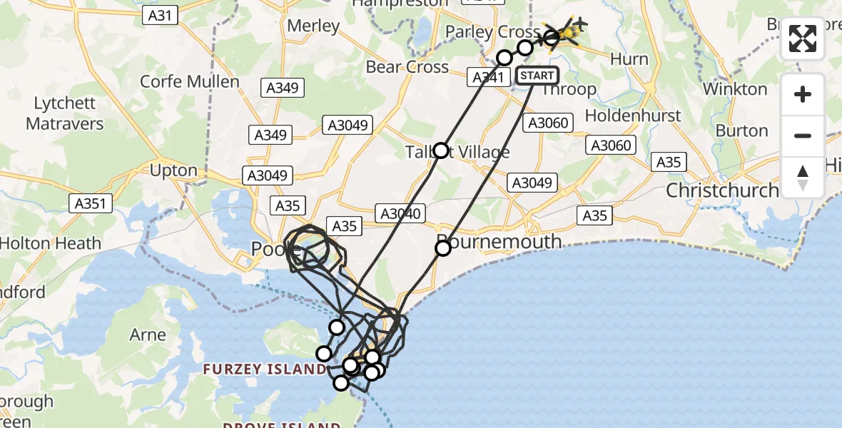 Flight route Police Helicopter Bournemouth - Bournemouth Airport, 14 June 2026, 20:28