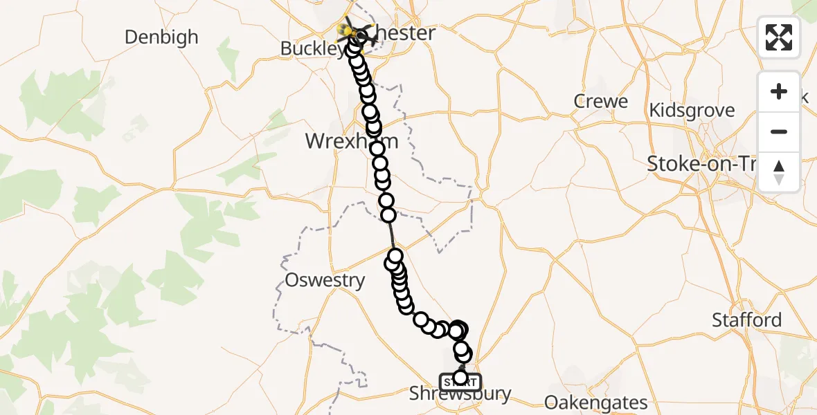 Flight route Police Helicopter Shrewsbury - Hawarden Airport, 14 June 2026, 20:32
