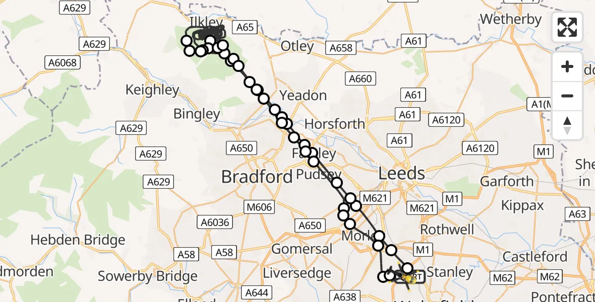 Flight route Police Helicopter Wrenthorpe - East Ardsley, 14 June 2026, 20:35