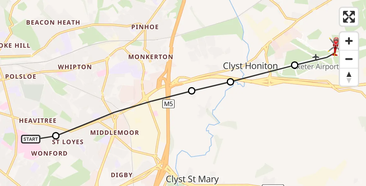 Flight route Air Ambulance Helicopter Royal Devon & Exeter Hospital - Exeter International Airport, 14 June 2026, 20:44