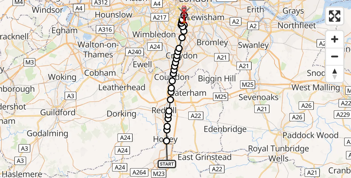 Flight route Air Ambulance Helicopter Crawley - Kings College London Hospital, 14 June 2026, 20:46