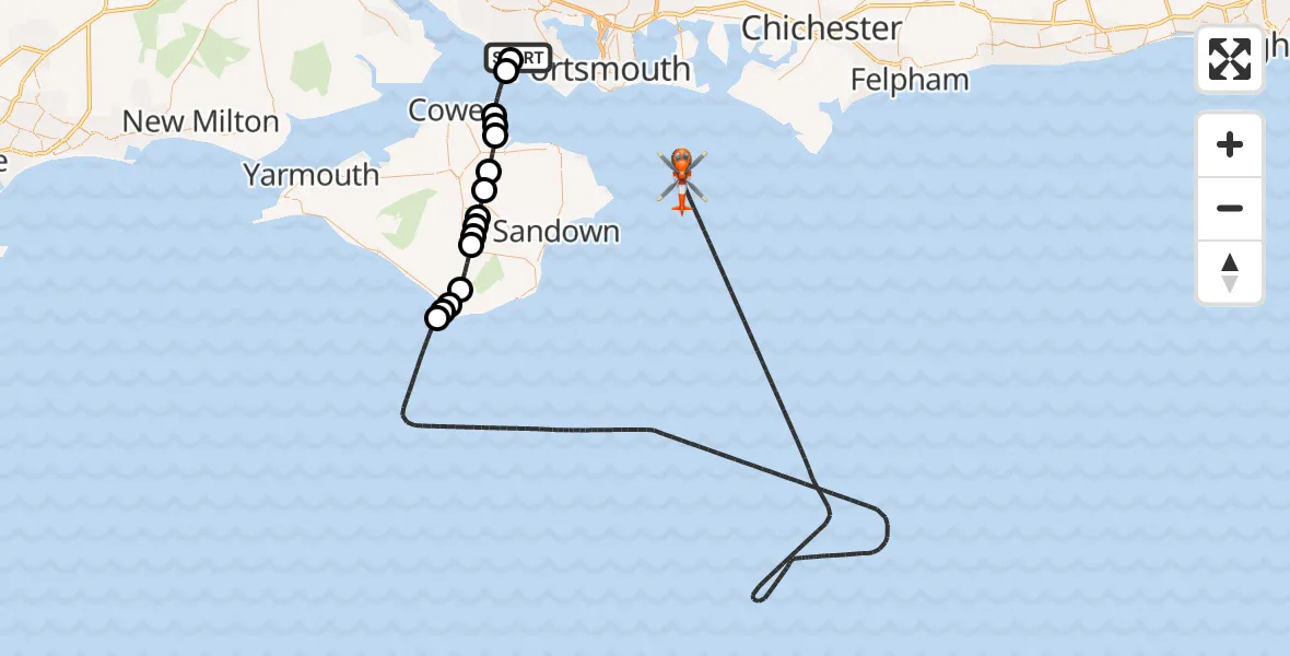 Flight route Coastguard Helicopter Solent Airport - English Channel, 14 June 2026, 21:02