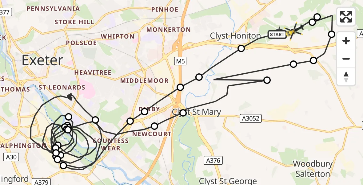 Flight route Police Helicopter Exeter International Airport - Exeter International Airport, 14 June 2026, 21:27