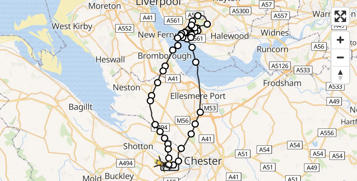 Flight route Police Helicopter Hawarden Airport - Saltney Ferry, 14 June 2026, 21:30