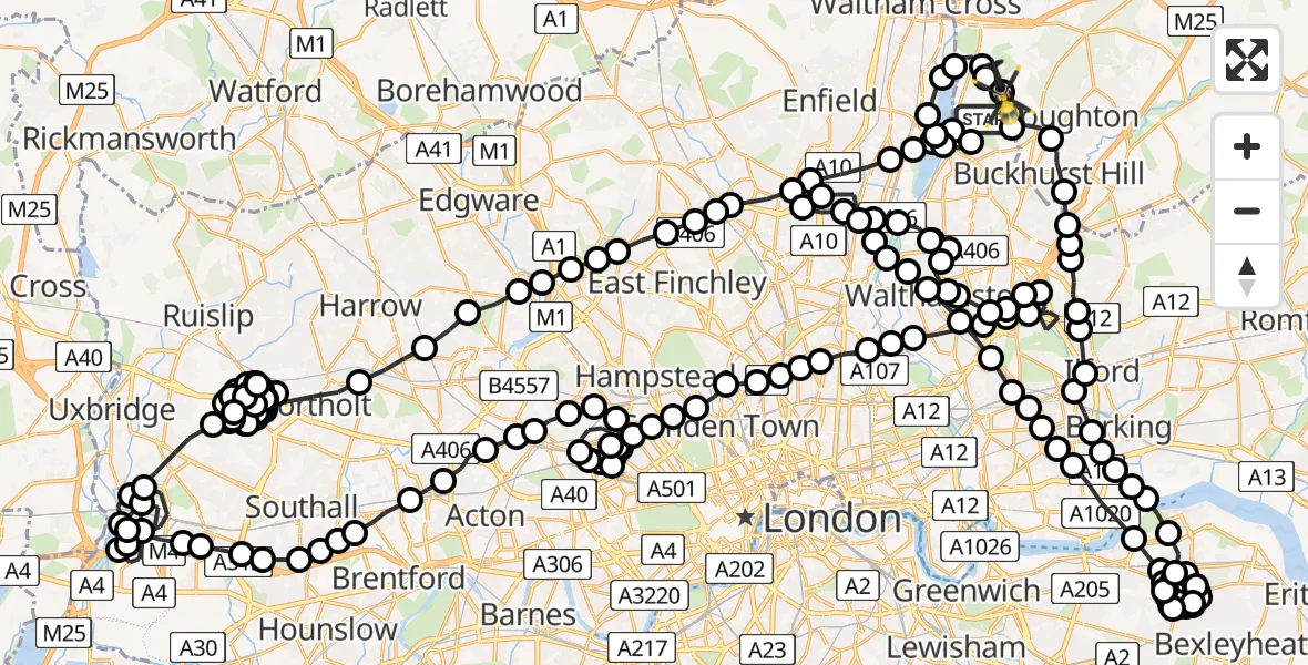 Flight route Police Helicopter Sewardstonebury - Sewardstonebury, 14 June 2026, 21:55