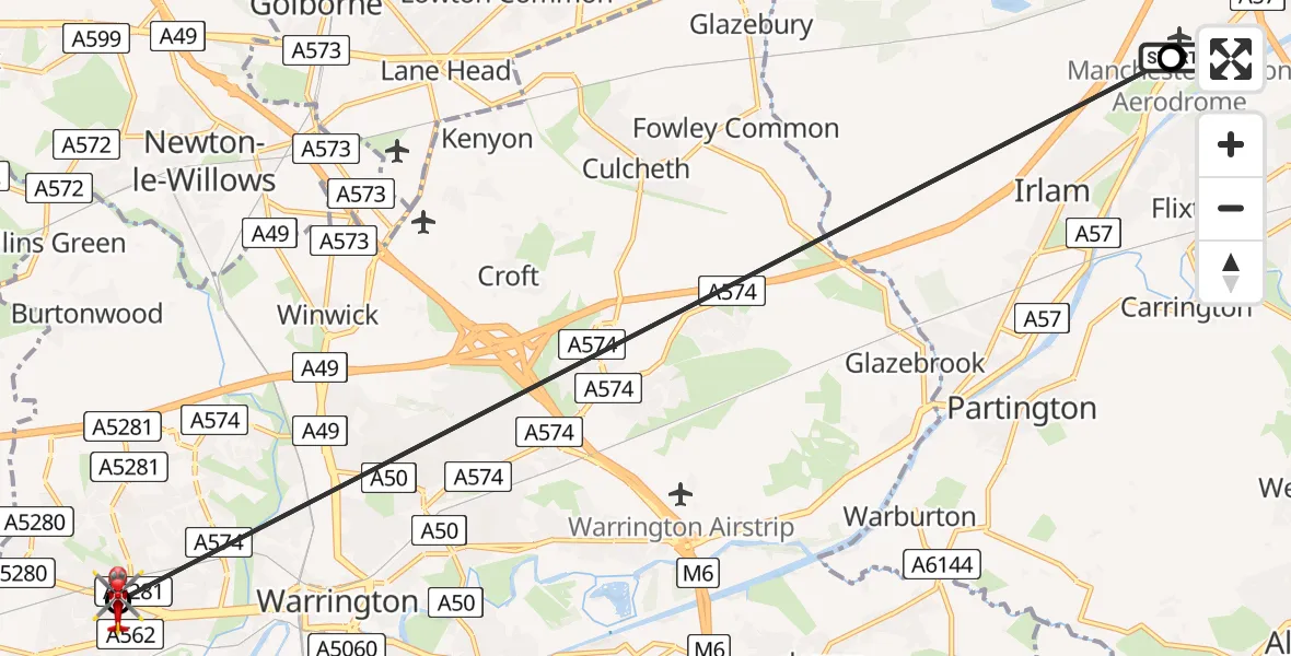 Flight route Air Ambulance Helicopter Manchester Barton Aerodrome - Great Sankey, 14 June 2026, 22:04