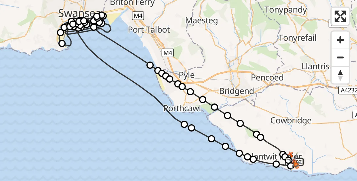 Flight route Coastguard Helicopter MOD St Athan - MOD St Athan, 14 June 2026, 22:06