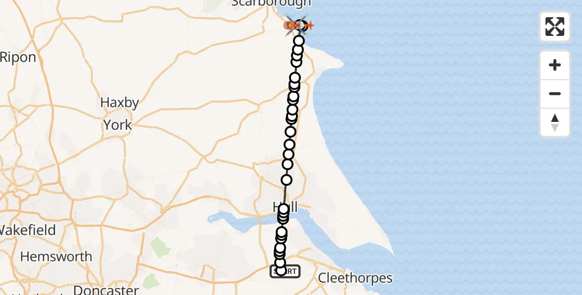 Flight route Coastguard Helicopter Humberside Airport - Filey, 14 June 2026, 22:14