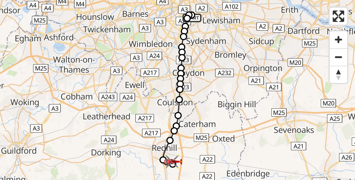 Flight route Air Ambulance Helicopter Kings College London Hospital - Redhill Aerodrome, 14 June 2026, 22:30