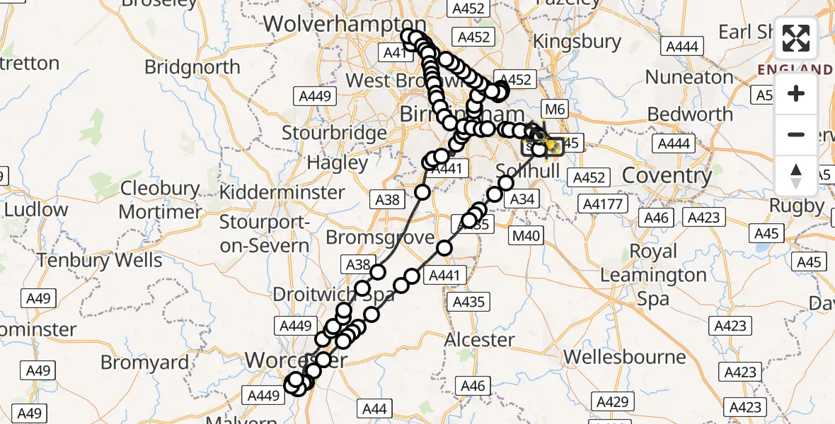 Flight route Police Helicopter Birmingham Airport - Birmingham Airport, 14 June 2026, 22:32