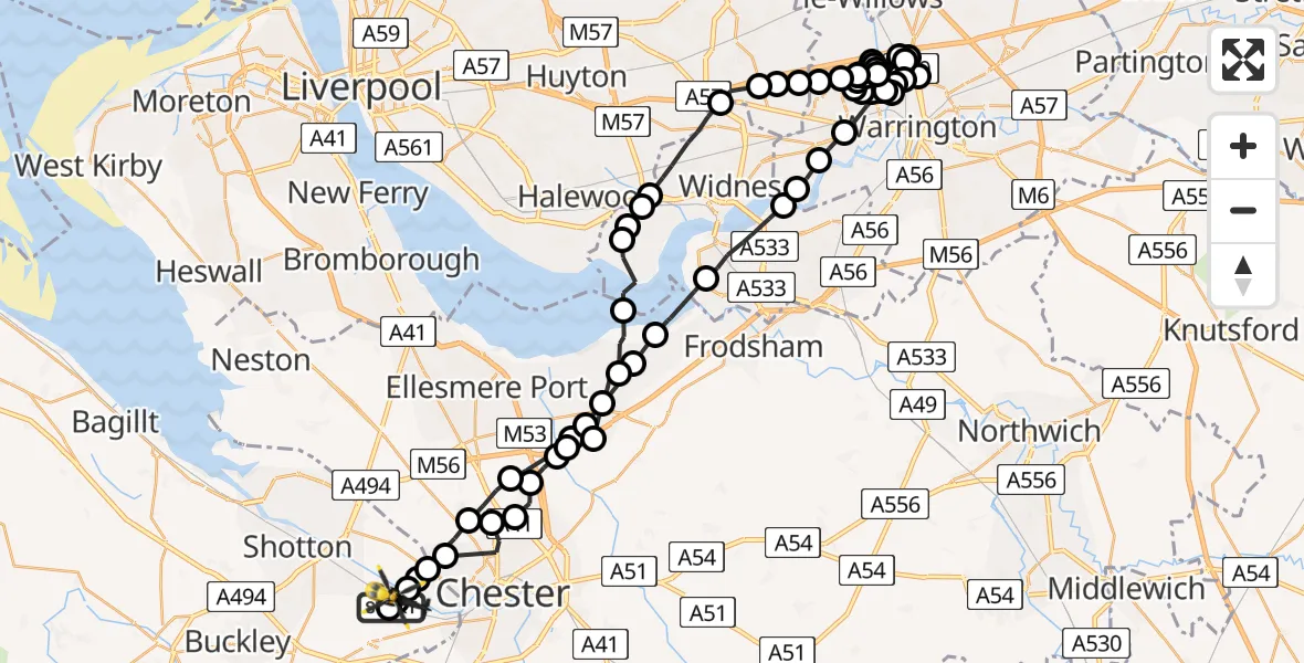 Flight route Police Helicopter Hawarden Airport - Saltney Ferry, 14 June 2026, 22:33
