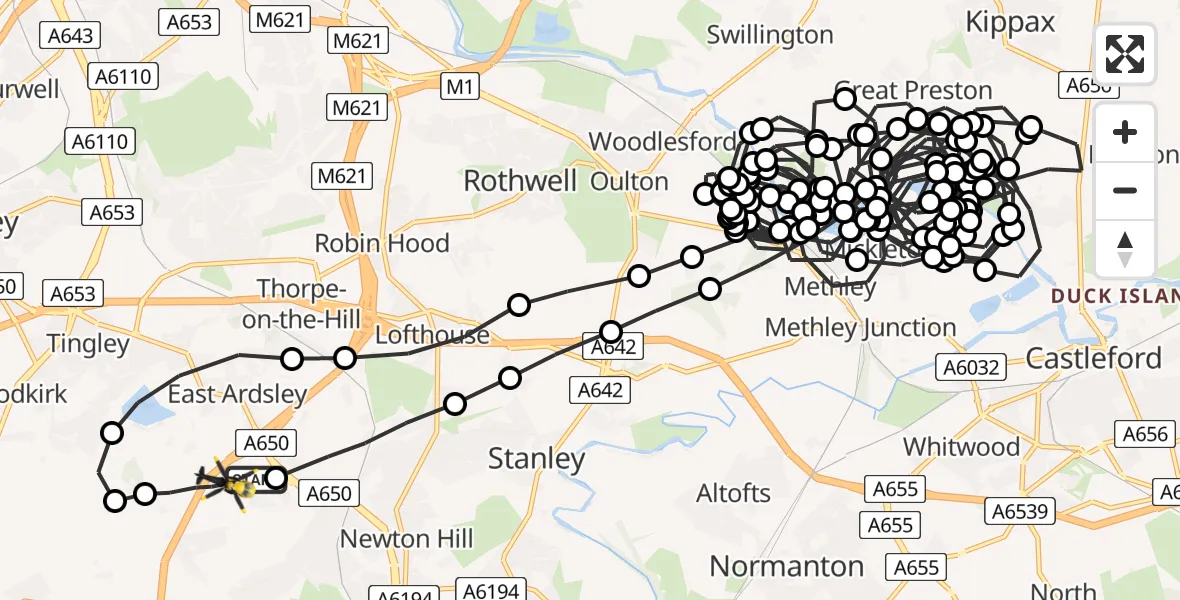 Flight route Police Helicopter East Ardsley - East Ardsley, 14 June 2026, 22:46