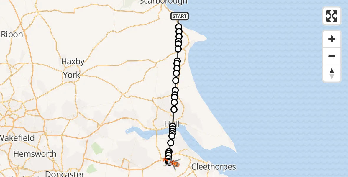 Flight route Coastguard Helicopter Filey - Humberside Airport, 14 June 2026, 23:48