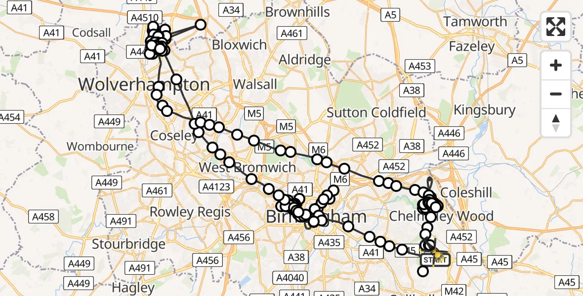 Flight route Police Helicopter Birmingham Airport - Birmingham Airport, 15 June 2026, 00:15
