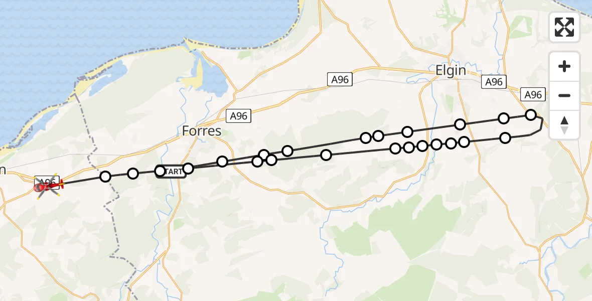 Flight route Air Ambulance Helicopter Forres - Auldearn, 15 June 2026, 01:58