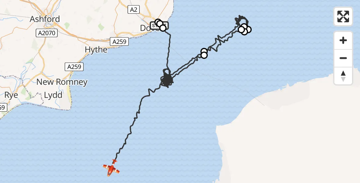 Flight route Coastguard Drone Langdon Battery Heliport - English Channel, 15 June 2026, 02:02