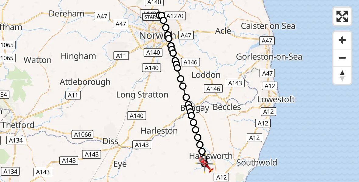 Flight route Air Ambulance Helicopter Norwich Airport - Walpole, 15 June 2026, 03:11