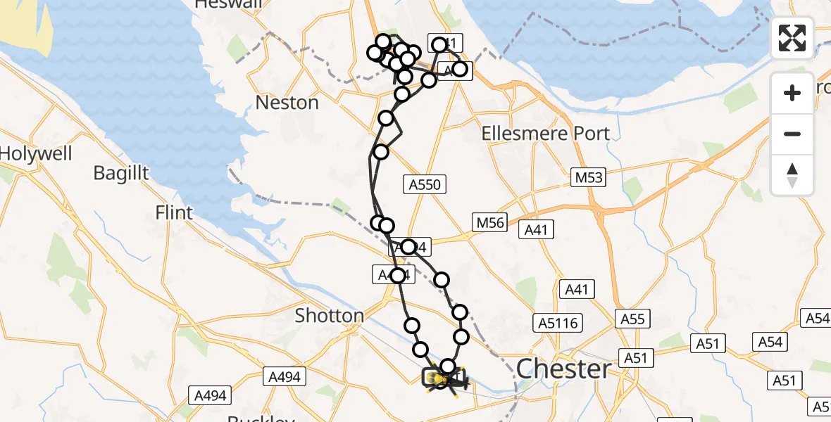 Flight route Police Helicopter Hawarden Airport - Saltney Ferry, 15 June 2026, 03:12