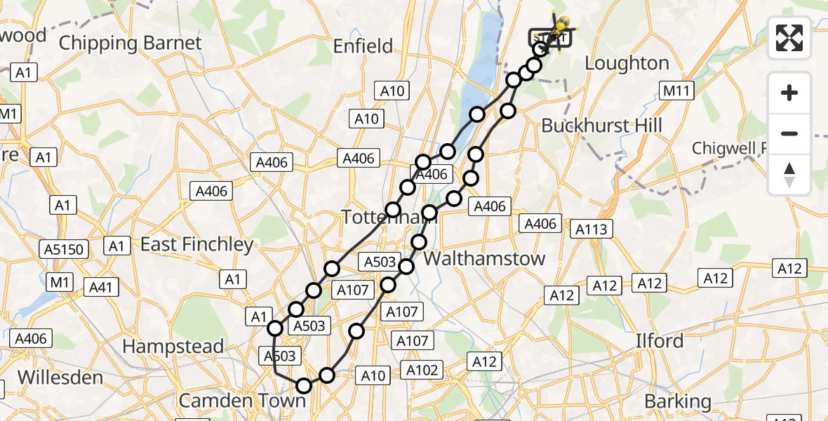 Flight route Police Helicopter Metropolitan Police Air Support Unit Lippitts Hill - Metropolitan Police Air Support Unit Lippitts Hill, 15 June 2026, 03:49