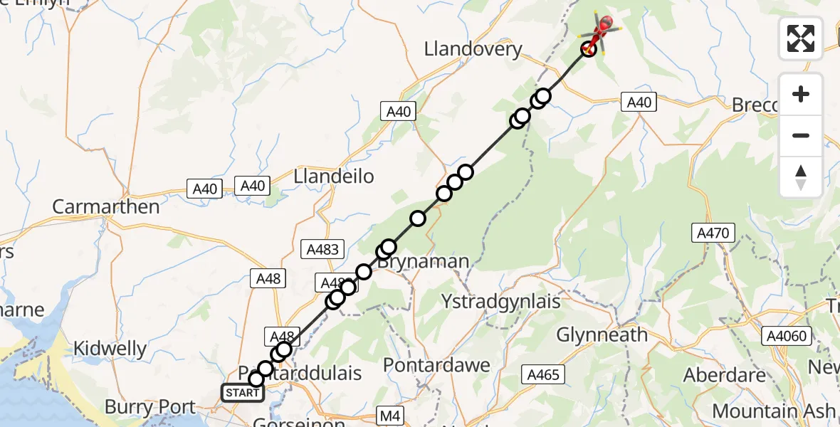 Flight route Air Ambulance Helicopter Dafen - Maescar, 15 June 2026, 06:32