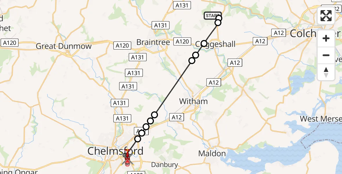 Flight route Air Ambulance Helicopter Earls Colne Airfield - Chelmsford, 15 June 2026, 06:53