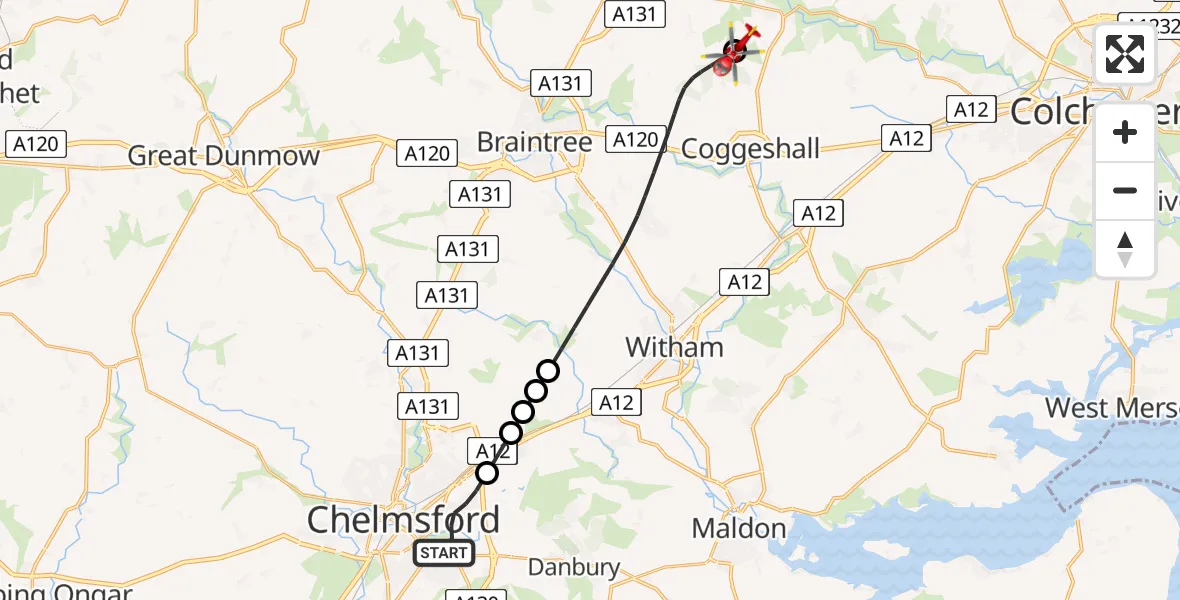 Flight route Air Ambulance Helicopter Chelmsford - Earls Colne Airfield, 15 June 2026, 07:22