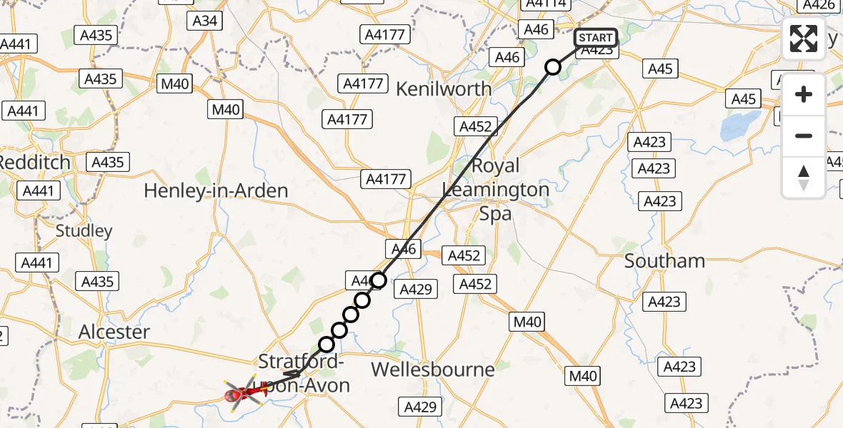 Flight route Air Ambulance Helicopter Rugby - Binton, 15 June 2026, 07:35